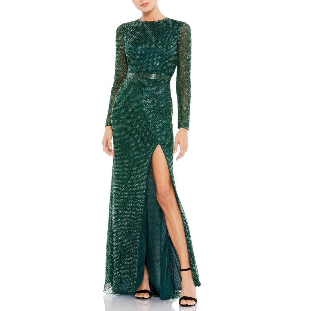 Mac Duggal | Beaded High Neck Long Sleeve Gown with Detailed Belt Bottle Green